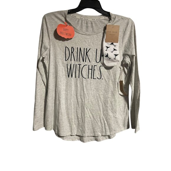Rae Dunn Drink Up Witches Shirt  Anklet Socks Set Size L Oatmeal Heather Gray - Picture 1 of 9